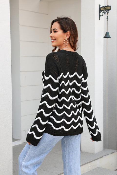 Wave Pattern Round Neck Long Sleeve Sweater