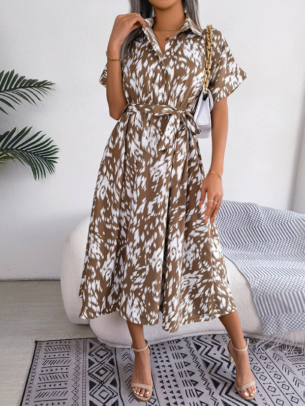 Printed Short Sleeve Tie Waist Dress