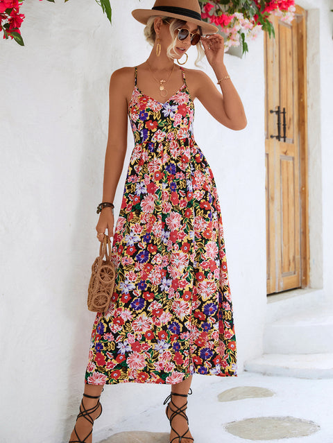 Floral Crisscross Backless Split Dress