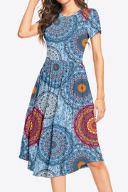 Printed Round Neck Short Sleeve Dress with Pockets