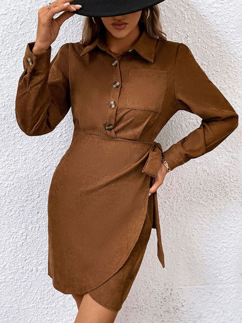 Button-Down Long Sleeve Side Tie Dress