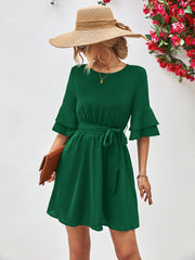 Tie Belt Flounce Sleeve Dress