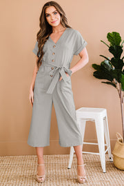 Button Front Belted Cropped Jumpsuit