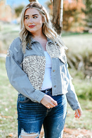 Plus Size Leopard Distressed Denim Jacket