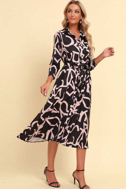 printed button front belted midi dress