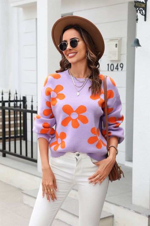 Floral Print Round Neck Sweater