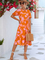 Floral Puff Sleeve Ruffle Midi Dress