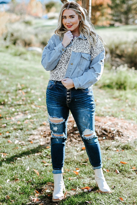 Plus Size Leopard Distressed Denim Jacket