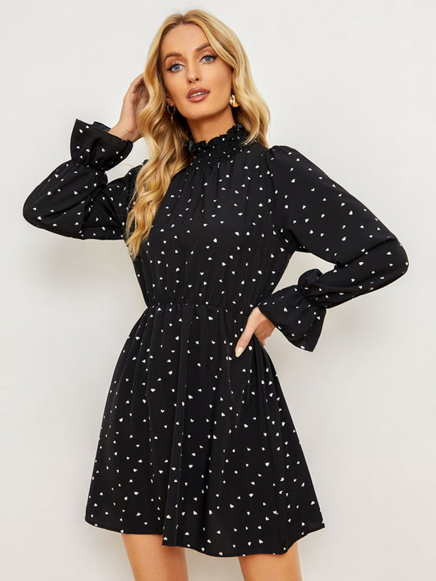 Printed Long Flounce Sleeve Frill Neck Dress