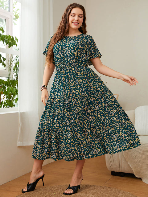 Plus Size Floral Short Sleeve Midi Dress