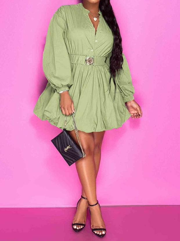 Button Up Balloon Sleeves Dress