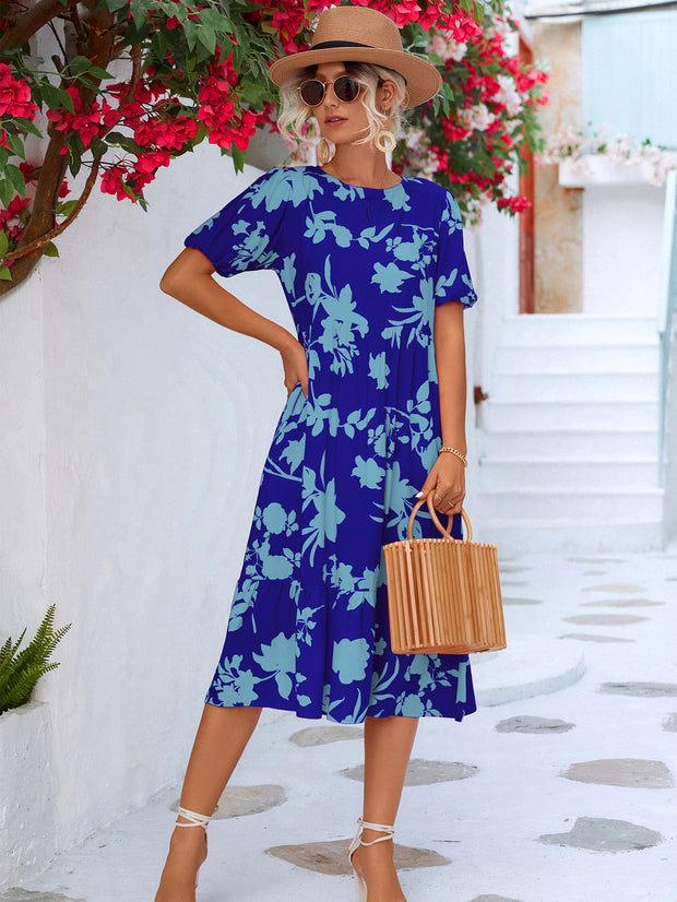 Floral Puff Sleeve Ruffle Midi Dress