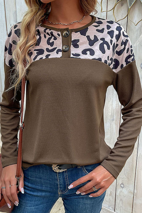 Leopard Button Round Neck Top