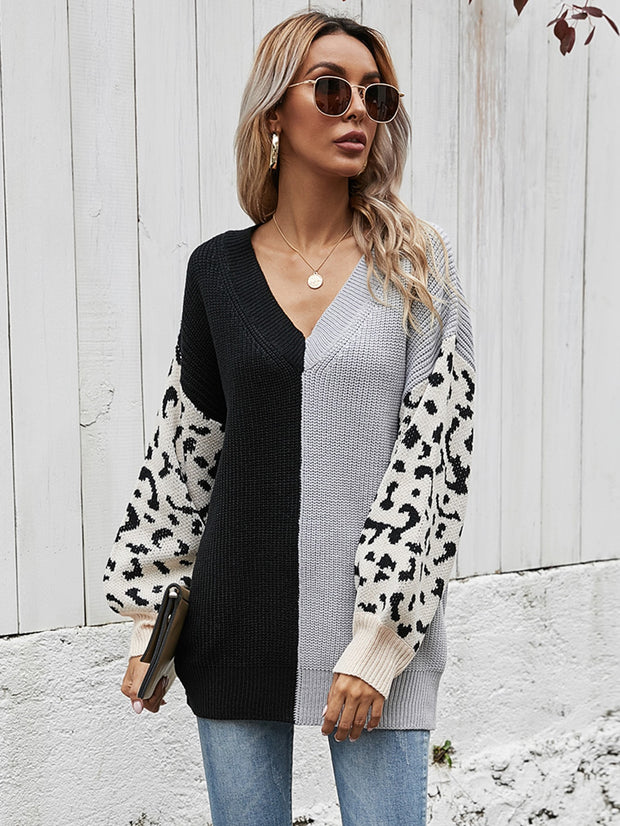 Leopard V-Neck Tunic Pullover Sweater