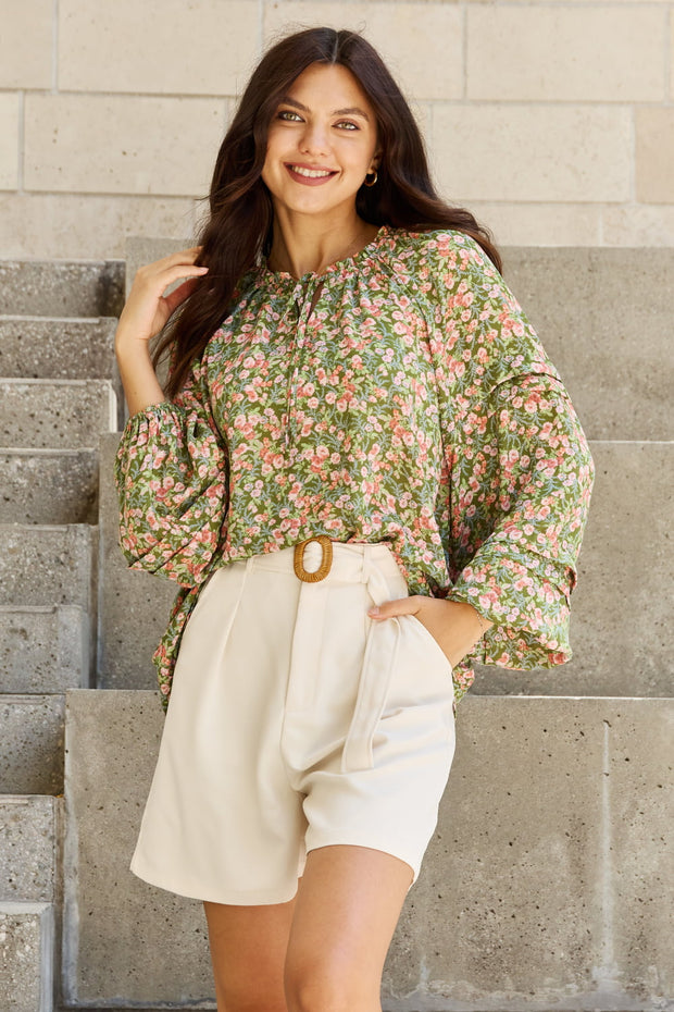 Full Size Balloon Sleeve Floral Blouse