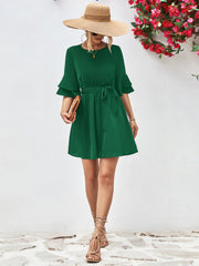 Tie Belt Flounce Sleeve Dress