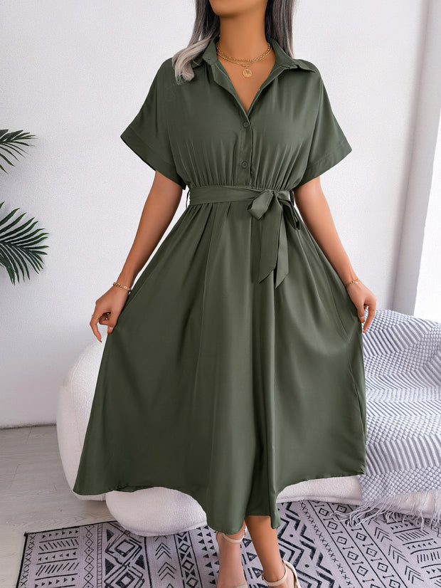 Short Sleeve Tie Belt Dress