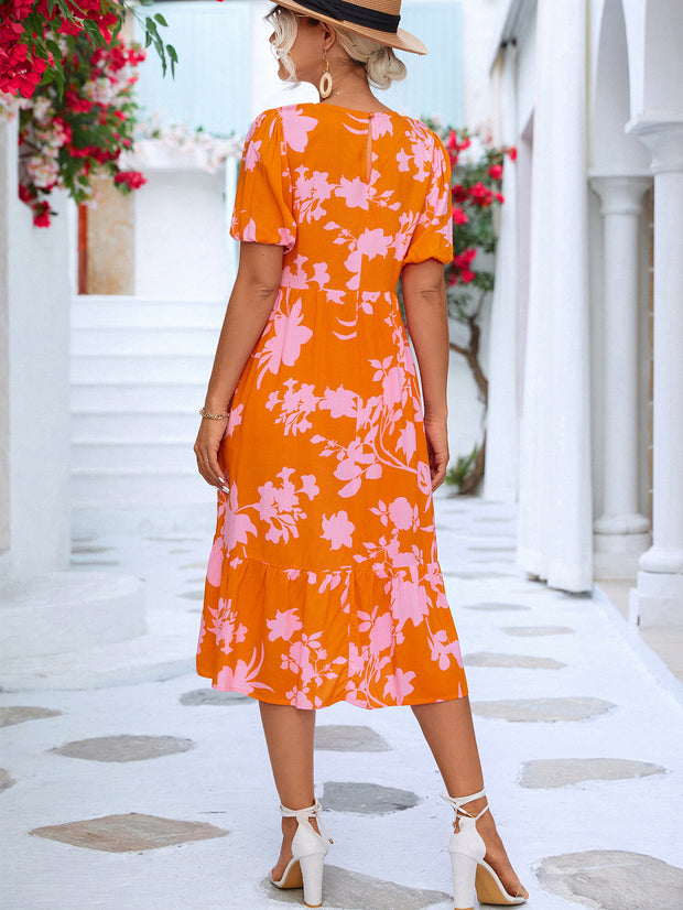 Floral Puff Sleeve Ruffle Midi Dress