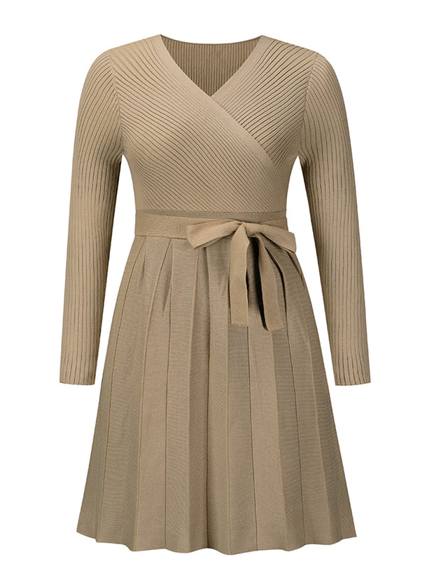 Tie Front Pleated Sweater Dress