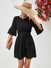 Tie Belt Flounce Sleeve Dress