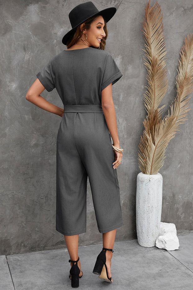 Button Front Belted Cropped Jumpsuit