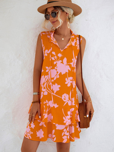 Floral Tie Neck Sleeveless Dress