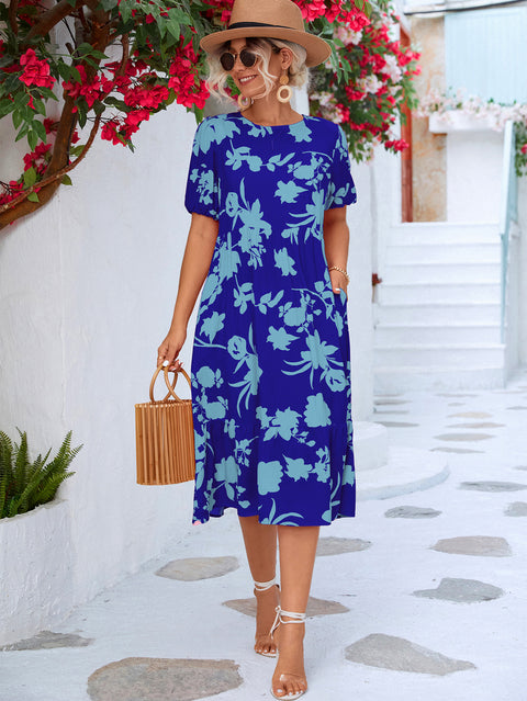 Floral Puff Sleeve Ruffle Midi Dress