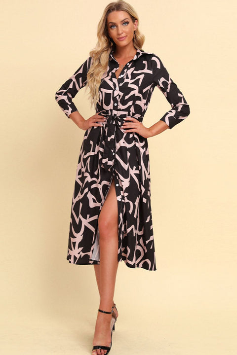 printed button front belted midi dress