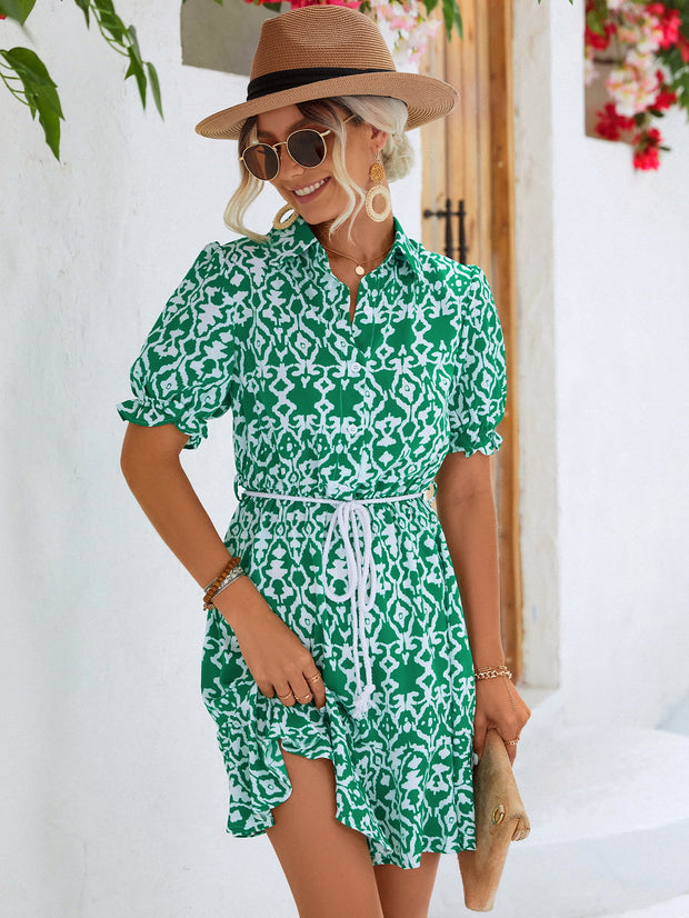 Printed Collar Flounce Sleeve Dress