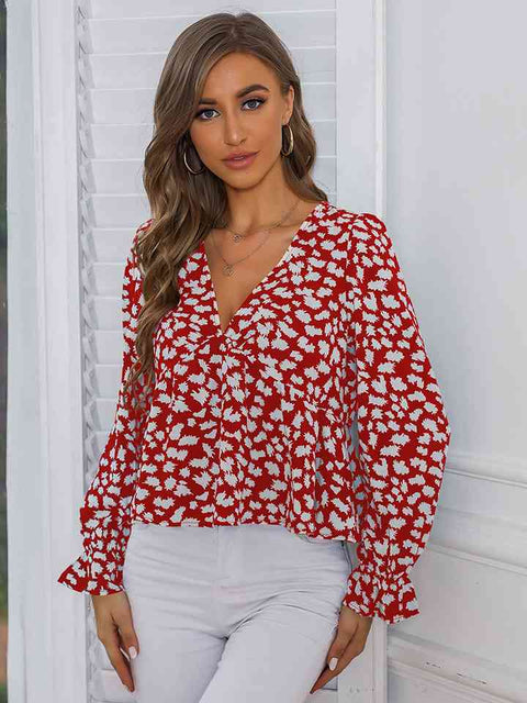 Printed V-Neck Flounce Sleeve Blouse