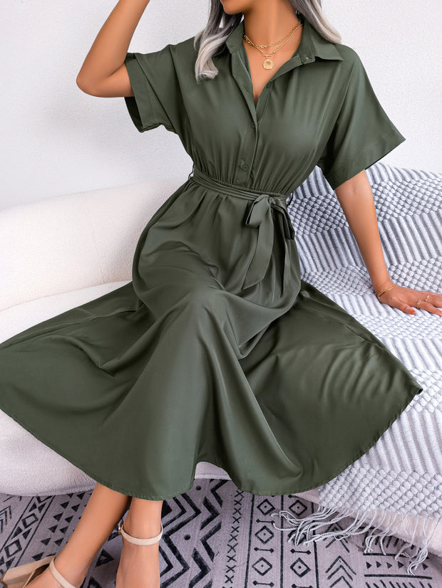 Short Sleeve Tie Belt Dress