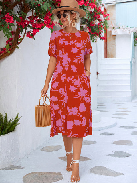 Floral Puff Sleeve Ruffle Midi Dress