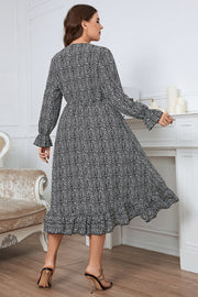 Plus Size Printed Flounce Sleeve Midi Dress